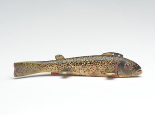 Rare carved eye brook trout fish decoy, Oscar Peterson, Cadillac, Michigan, 1st half 20th century.