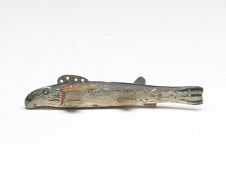 Rare style sucker fish decoy, Oscar Peterson, Cadillac, Michigan, 1st half 20th century.