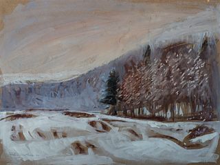 Carl Sprinchorn (Am. 1887-1971) "Shin Pond, Winter" 1944 Gouache on paper, framed under glass