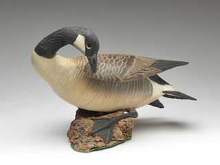 Well carved preening Canada goose with lifted wings, Ward Brothers, Crisfield, Maryland.