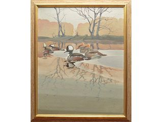 Oil on canvas of hooded mergansers in pond, Frances Lee Jaques (1887-1969).