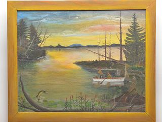 Oil on canvas of pike fisherman, Phillipe Sirois (1892-1979), Arrowsic, Maine.