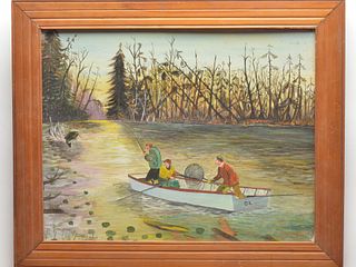 Oil on board of bass fisherman, Phillippe Sirois (1892-1979), Arrowsic, Maine.