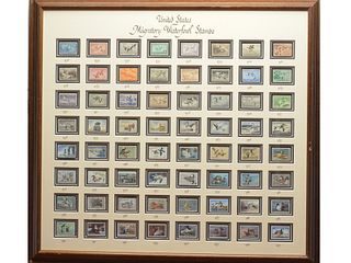 Professionally matted and framed collection of Federal Migratory Bird Hunting Stamps, 1934-1997.