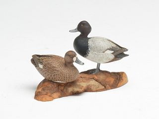 Pair of miniature bluebills on wooden base, A.J. King, North Scituate, Rhode Island.