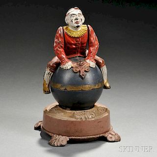 Painted Cast Iron Mechanical "Clown on Globe" Bank