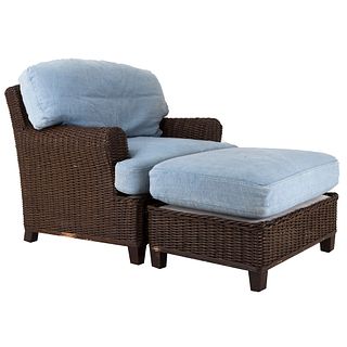 Armchair and stool. 20th century. Woven wicker and light gray upholstery. Closed backrest, padded seats.