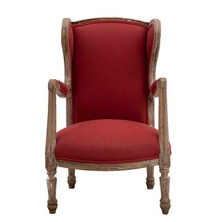 Bergere chair. 20th century. Carved in wood. Closed backrest, padded seat in red upholstery.