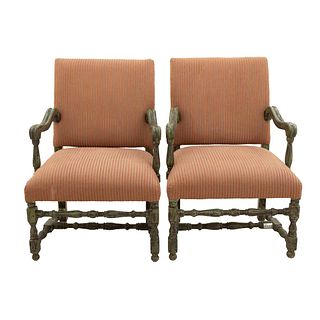 Pair of armchairs. 20th century. Carved in wood. Closed backrests and seats in salmon upholstery.