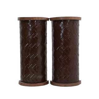 Pair of lanterns. 20th century. Semi-cylindrical design. Carved in wood. Electrified for single light each. Decorated in woven low relief.