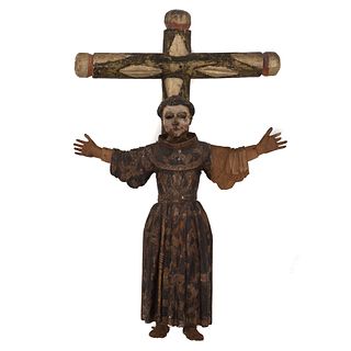 St Francis of Assisi. 20th century. Polychrome wood. Cross and stepped base.