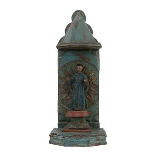 Niche with saint. 20th century. Polychrome wood, mouldings in manner of sun. 33.8 x 14 x 11.8" (86 x 36 x 30 cm)