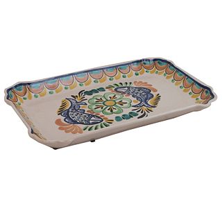 Tray. Mexico. 20th century. Made in talavera. Decorated with lobed, floral, plant, and organic elements, fish.