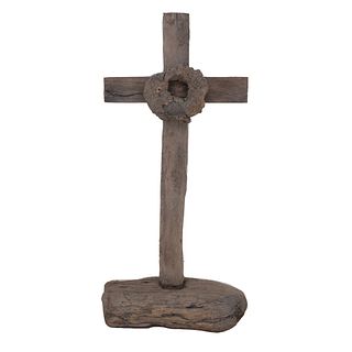Latin Cross. 20th century. Carved in wood, wooden base. Decorated with wreath.