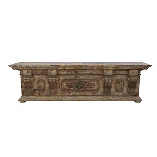 Console. 20th century. Carved in wood. Decorated with plant, floral, organic elements. 35.4 x 125 x 24.4" (90 x 318 x 62 cm)