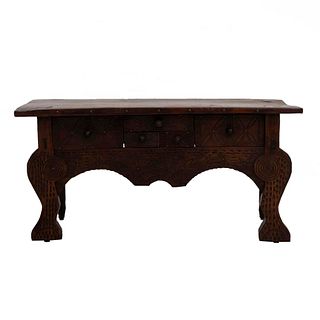Console table. 20th century. Carved in wood. Rectangular cover, 2 drawers with handles, shafts and semi-curved supports.
