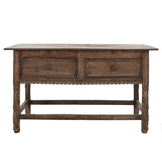 Console table. 20th century. Inked wood carving. Rectangular top, 2 drawers with handles.