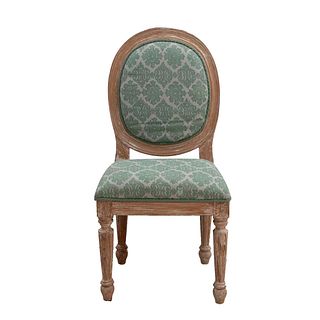Chair. 20th century. Carved in wood. Closed oval backrest and cushioned seat in mint color floral upholstery.
