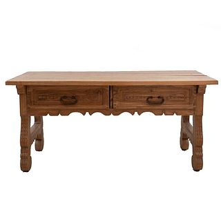 Console table. 20th century. Carved in wood. Rectangular top, 2 drawers with metal handles. 34.6 x 74.8 x 33" (88 x 190 x 84 cm)