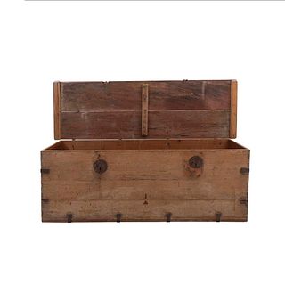 Chest. 20th century. Wooden carving, ironwork. Raw finish. With hinged cover. 25 x 73.2 x 23.6" (64 x 186 x 60 cm)