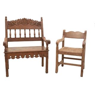 Lot of 2 armchairs. 20th century. Different sizes. Carved in wood. Semi-open backrests, one with palm seat.