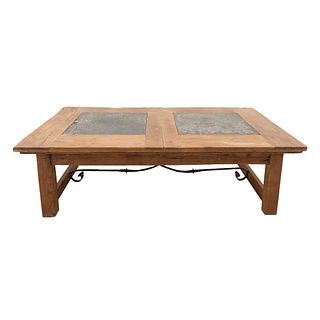Coffee table. 20th century. Carved in wood. Rectangular top with square stone applications.