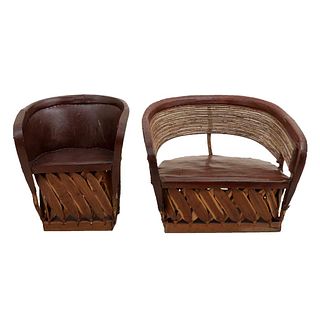 Lot of 2 equipals. 20th century. Rustic style. Carved in wood. Seats in brown leather upholstery.