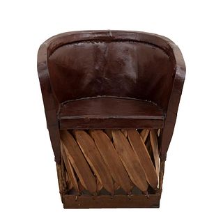 Equipal. 20th century. In wood, curved wicker backrest and interwoven base, seat with brown leather upholstery.