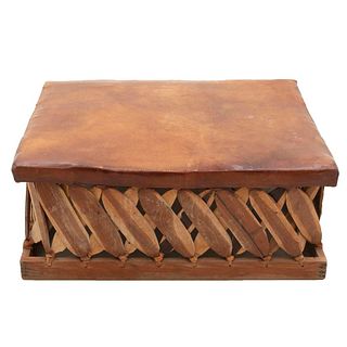 Footstool. 20th century. Rustic style. In wood. Wicker and brown leather-like seat. Decorated with interwoven elements.