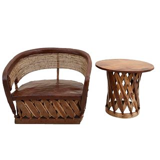 Equipal and side table. 20th century. Rustic style. Carved in wood. Semi-open wicker backrest.