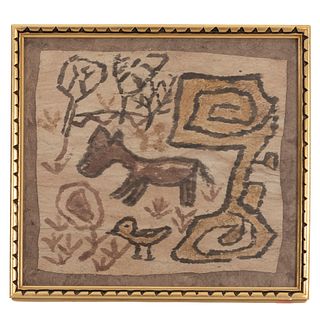 Anónimo. Animales rupestres. Mixta sobre papel amate. Enmarcado en madera dorada. 34 x 39 cm.