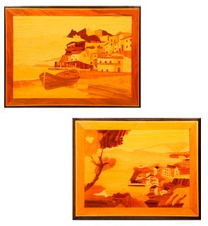 Lote de 2 paisajes. Anónimo. Elaborados en marquetería. Enmarcados. 23 x 33 cm y 17 x 23 cm