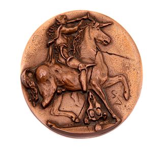 SALVADOR DALÍ, L'Unicorne Dyonisiaque, Firmada con monograma al anverso. Medalla de bronce, 957 / 1500. 80 mm Ø