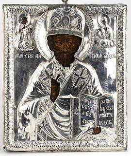 A Russian Icon with silver oklad of Saint Nicholas - 19th Century