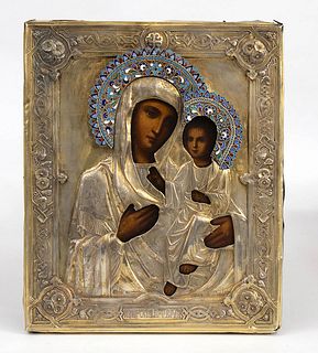 A Russian Icon with silver oklad of the Virgin and Child  - Moscow 1879