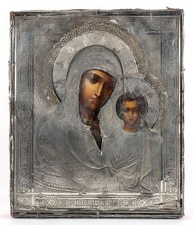 A Russian Icon with silver oklad of the Virgin and Child  - Moscow 1890