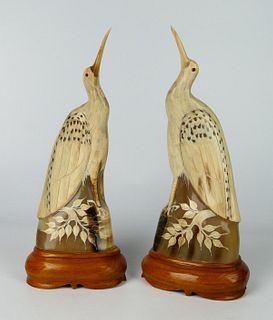 PAIR OF VINTAGE CARVED WATER BUFFALO HORN BIRDS