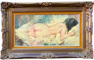 VINTAGE OIL ON BOARD A NUDE WOMAN ILLEGIBLY SIGNED