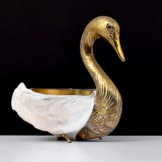Large Brass & Shell Swan Sculpture, Manner of Binazzi Foresto