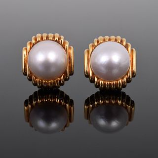 Pair of 18K Yellow Gold & Pearl Clip Earrings, Estate Jewelry