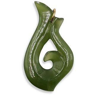 14k and Chinese Carved Green Jade Pendant