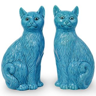 Pair Of Blue Porcelain Cats