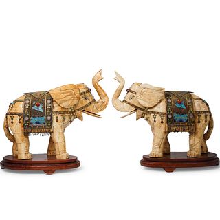 Pair Of Chinese Bone & Silver Carved Elephants