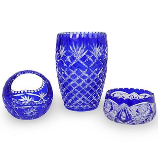 (3 Pc) Bohemian Cobalt Crystal Vase Grouping