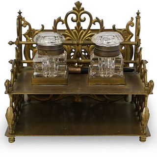 Antique Crystal & Brass Inkwell