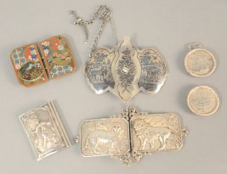 Five belt buckles to include four silver and one cloisonne, lg. 1 3/4", 4.8 t.oz. .