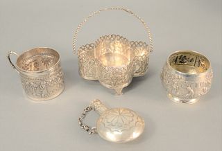 Four-piece silver lot to include mug with handle, basket, flask and a cup, 14.2 t.oz.