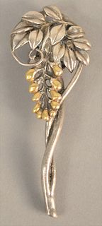 Japanese multi-metal silver and gold floral clip in wood box, 4 1/4", 2.6 t.oz. .