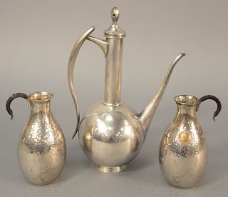 Three-piece silver teapot, ht. 8 1/2", along with two containers marked 'Kumamoto Kuko Country Club' with hand-hammered finish, ht. 4 3/4", 15.2 t.oz.