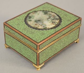 Yamanaka cloisonne enamel box mounted with hardstone plaque, green with brass mounts, stamped "Yamanaka & Co., Made in Japan" to interior, ht. 2", w. 